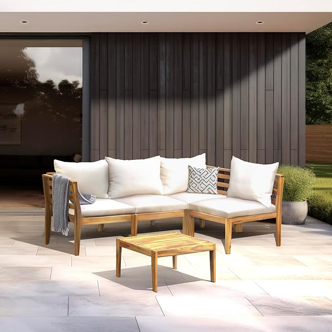 Kinger Home Trena 5-Piece Acacia Wood Outdoor Patio Furniture Set with Cushions Elegant Durable Wood Patio Furniture Set for Gardens, Decks, and Conversations