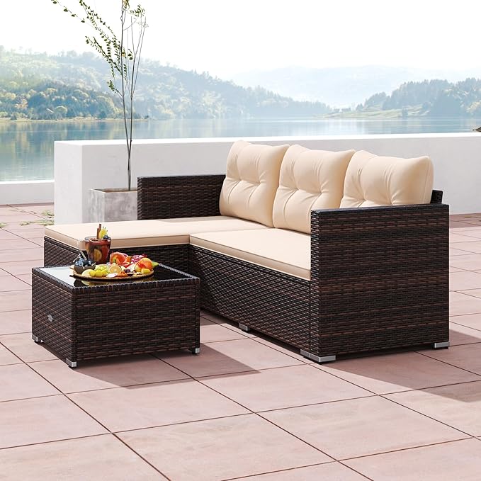 HAPPYGRILL 4-Seats Outdoor Wicker Furniture Set, L-Shaped Sectional Couch Set w/Tempered Glass Coffee Table & Soft Cushions, Patio Seating w/Left or Right Assembly for Yard, Porch