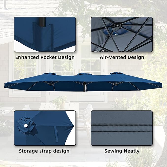 15ft Double-sided Umbrella Replacement Canopy Cover,12 ribs Large Triple Parasol Top For Market Outdoor Patio Shades，Frame not Include