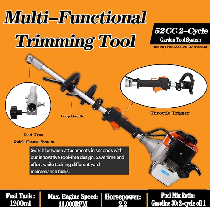 52cc 2-Cycle Gas Multi-Trimmer | 10-in-1 String Trimmer w/Rotatable 40” Pole Saw, Weed Eater Weed Wacker, Brush Cutter & Hedge Trimmer Gas for Lawn, Yard, Garden Care, All-in-one Garden Tool