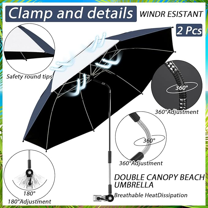 Abbylike 2 Pack 48.6" Double Canopy Umbrella with Clamp UPF50+ Beach Chair Umbrella with Clip 360°adjustable Portable Outdoor Wheelchair Patio Golf Carts Camping