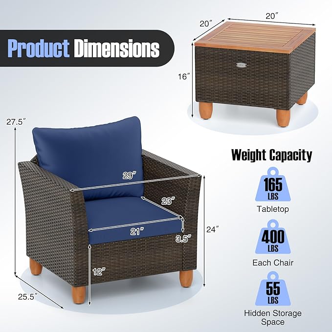 HAPPYGRILL 3-Piece Patio Conversation Furniture Set Outdoor Wicker Sofa Set with Soft Cushions & Coffee Table for Balcony Backyard Porch