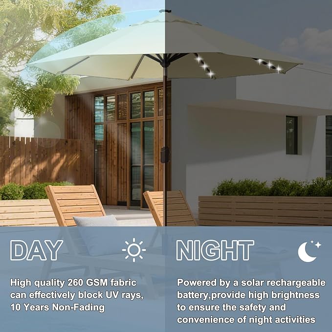 EliteShade USA 10-Year-Non-Fading 10ft Market Patio Umbrella, Commercial Grade Table Sun Umbrella with 80 Solar LED Lights, Crank Open, Windproof & UPF 50+ UV Protection for Garden, Deck, Pool, Backyard, Natural