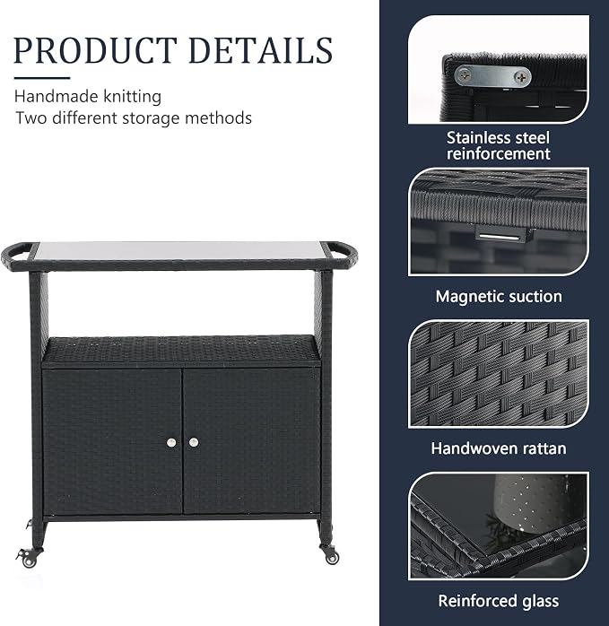 Outdoor Kitchen Wicker Island Rolling Cart with Storage Cabinet Outside Bar Cart Patio Bar Table, w/Wheels and Black Glass Table Top, Black