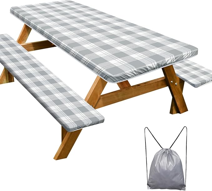 Play Tailor Picnic Table Cover with Bench Covers Camping Essentials Waterproof Windproof Camping Tablecloth with Drawstring Bag, Fitted Rectangle Tables and Seats, 60in, Grey Checkered