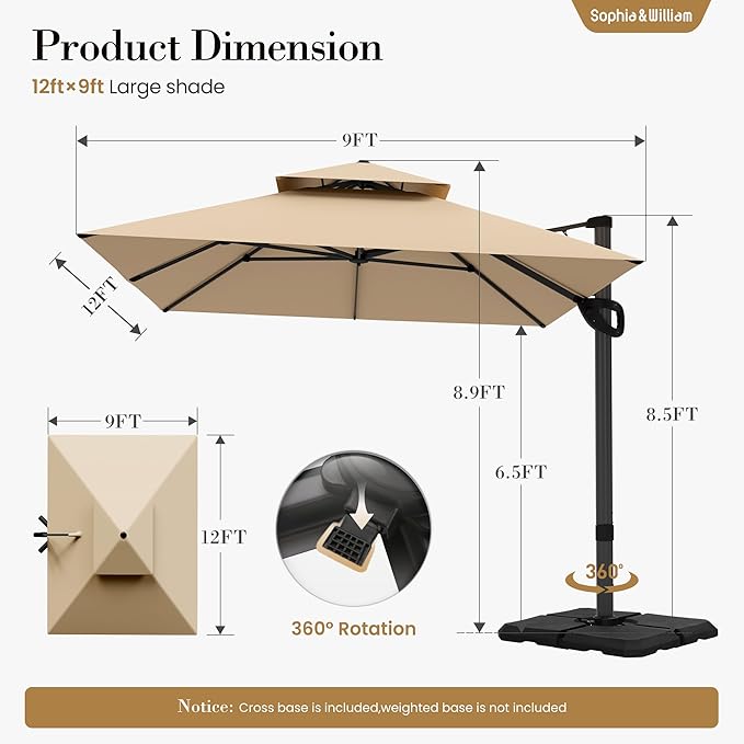 Sophia & William Cantilever Patio Umbrella 12ft, Offset Large Outdoor Umbrellas with 360°Rotation, Heavy Duty Hydraulic Double Umbrella for Garden Pool Backyard, Beige (no base)