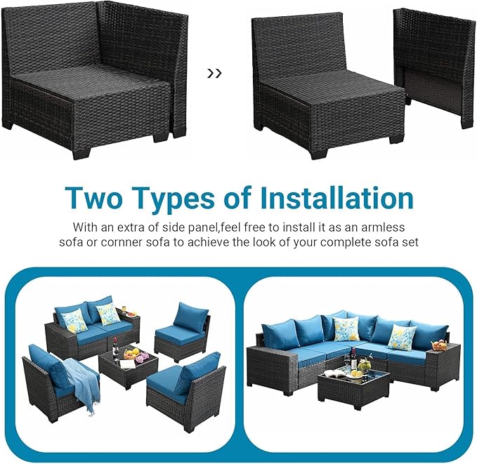 Patio Furniture Set, 8 Pieces Outdoor Couch Sofa with Wider Armrests & Glass Coffee Table, Outdoor Sectional Furniture with Thick Cushions for Party, Poolside,Garden-Peacock