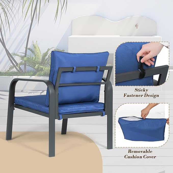 Athena Collection Patio Furniture Set 4 Pieces Outdoor Conversation Sets with Coffee Table & Cushions, All Weather Bistro Chairs Set for Balcony, Lawn, Garden, Poolside, Blue