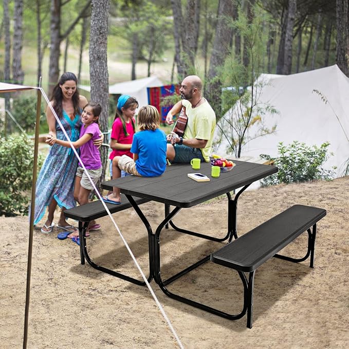 Moccha Picnic Table Bench Set - Portable Plastic Picnic Table w/Steel Frame & Wood-Like Texture, All Weather Heavy Duty Picnic Table Kit, Picnic Tables for Outdoors Garden Patio Party Dining (Black)
