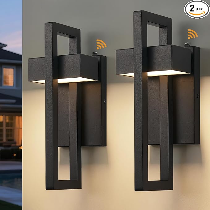 LED Outdoor Wall Sconce Dusk to Dawn Outdoor Lighting, Modern Exterior Lighting Fixtures, Black LED Front Porch Lights Outside Wall Mount Lights for House, Hallway, Warm White 3000K, 2 Pack