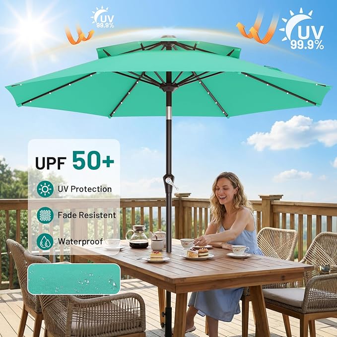AreShark 9ft 2 Tiers Patio Umbrella with Solar Lights, Outdoor Umbrella w/ 32 LED Lights&8 Sturdy Ribs, Table Umbrella for Deck, Backyard, Pool(Turquoise)