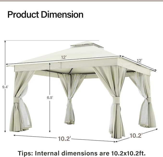LAUSAINT HOME 12'x12' Outdoor Gazebo, Metal Frame Heavy Duty Patio Canopy Tent Shelter with Double Roofs, Mosquito Nettings and Privacy Screens for Backyard, Garden, Lawn, Cream White