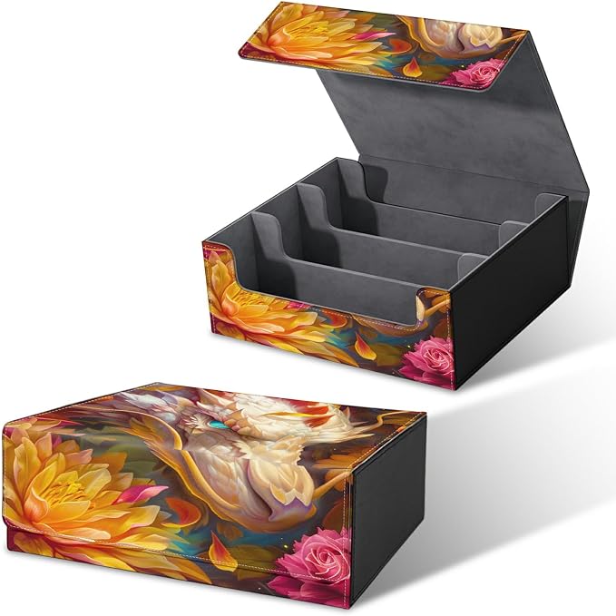 Card Deck Box for MTG, Cards Storage Box Fits 120+ Sleeved, Leather Big Size Strong Magnetic Closing Case for Board Games Magic TCG CCG Baseball Collection Women Man, Lotus White Dragon