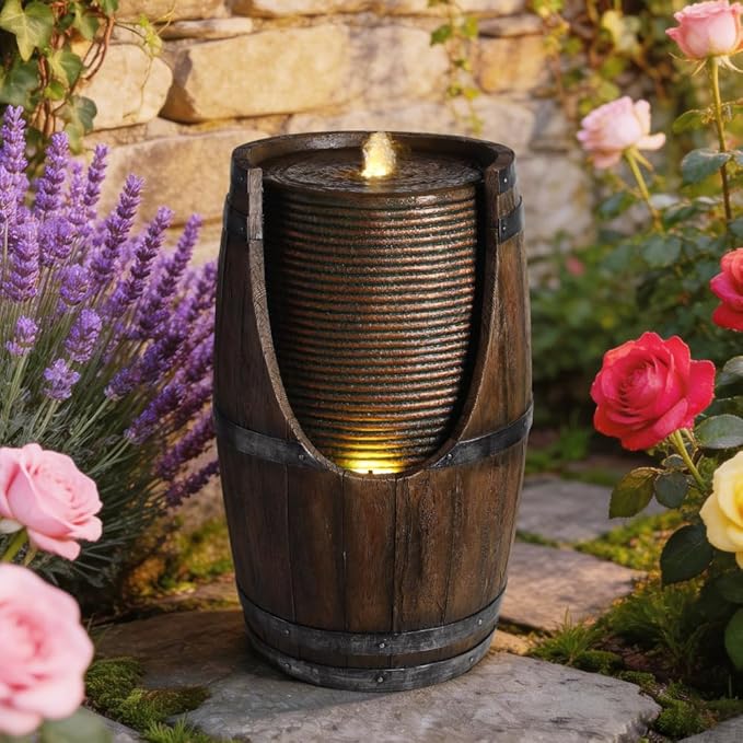 24.8'' Rustic Waterfall Garden Fountain for Patio and Yard - Wood-Look Barrel with LED Lights and Soothing Water Sounds, Weather-Resistant Resin Outdoor Decor