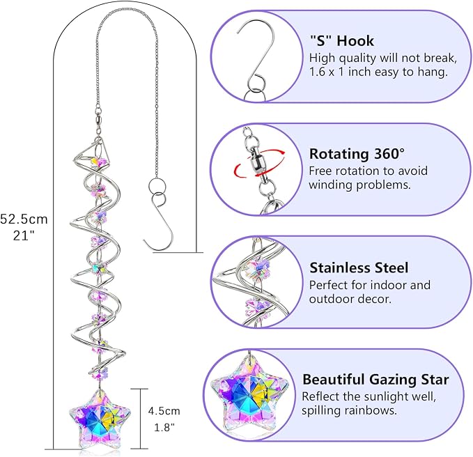 21 Inch Crystal Spiral Wind Spinner Gazing Ball Suncatcher Decor | Crystal Suncatcher Spiral Gazing Ball with Rainbow Maker Hanging Wind Spinner for Window Garden Porch Christmas Decor