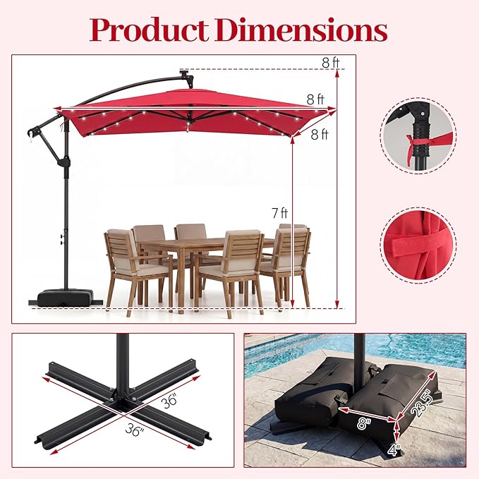 Tangkula 8x8 FT Solar Patio Umbrella with Base Included, Square Offset Cantilever Outdoor Umbrella with 360 Degree Rotation, 32 LED Lights, Crank Handle, 2 Sandbags, 8 Ribs, Air Vent for Pool Deck Garden Backyard