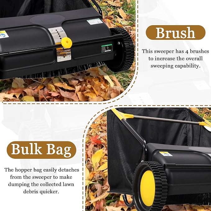 26 Inch Lawn Sweeper Push Hand Powered for Leaves, Grass Clippings & Yard Debris, 4 High-Speed Brushes & Large 7 cu ft Hopper Bag | Adjustable Height, ABS+Steel Frame (26 Inch Black)