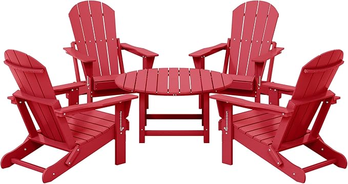 Costaelm Patio Conversation Set, 5 Piece Balcony Furniture, Small Patio Firepit Furniture Outdoor Adirondack Round Coffee Table and Chair for Backyard Lawn Porch Pool Garden, Red