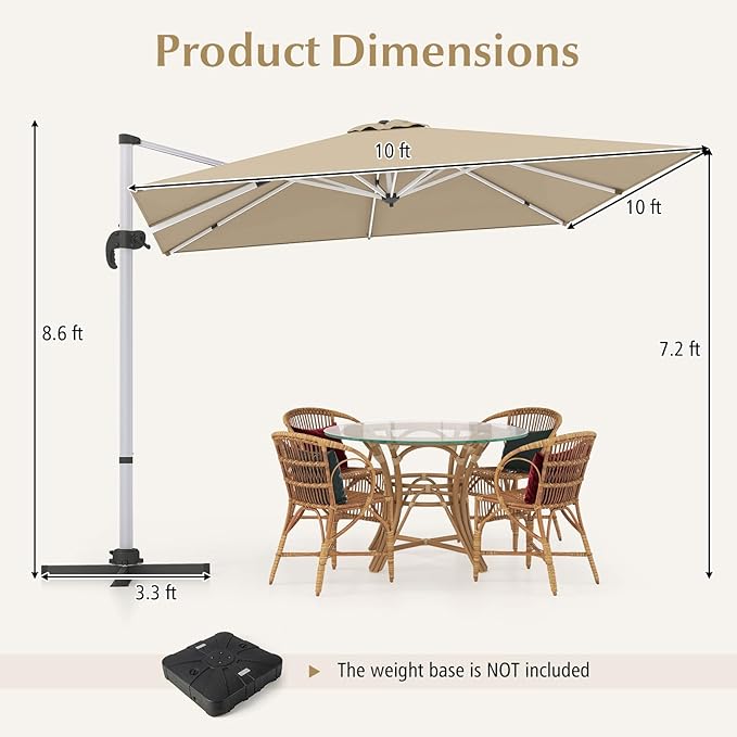 Cantilever Patio Umbrella Aluminum Offset Umbrella with 360-Degree Rotation & Adjustable Tilt, Large Patio Offset Umbrella for Garden, Pool, Backyard & Deck