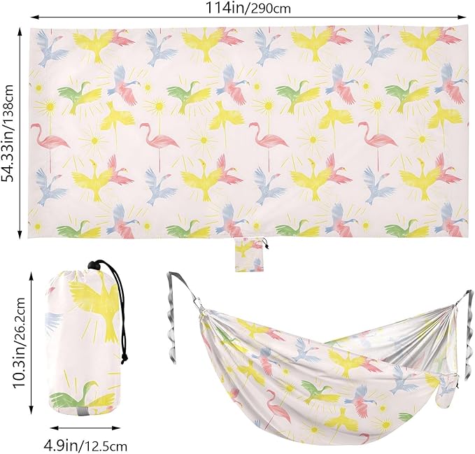 Camping Hammock Outdoor Hammocks for Outside Pink Egret Heron Beach Trees Portable Lightweight with Pockets Tree Straps Indoor Small