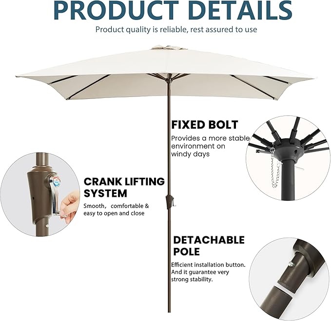 8x10FT Rectangular Patio Umbrella with Crank Lift for Garden,UV Protection Outdoor Umbrella for Deck,Pool and Yard,White