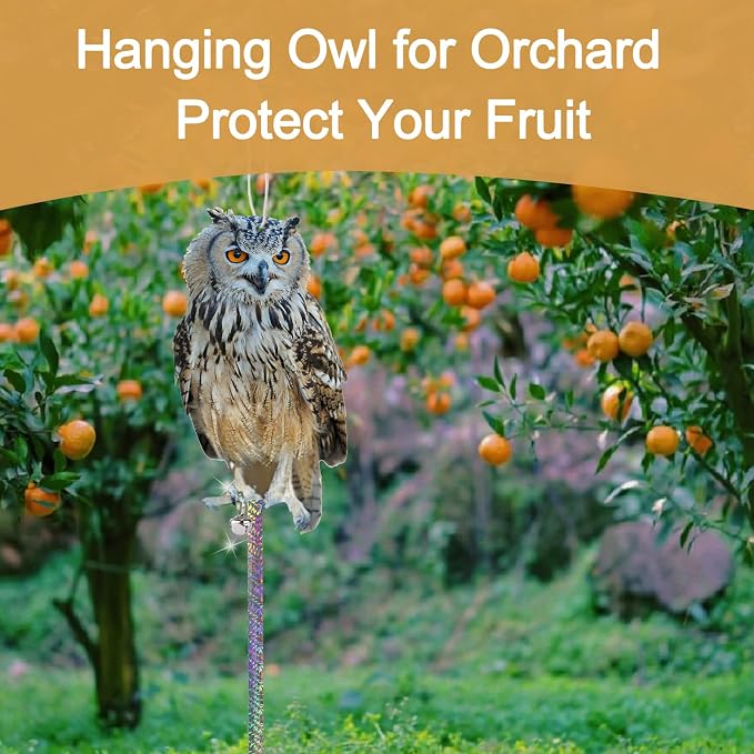 Fake Owl to Scare Pigeons Woodpecker, 2Pcs Flat Garden Owls to Keep Pigeons Squirrels Away from Outdoor, Plastic Owl to Scare Woodpecker from House, Hanging Owls with Reflective Tape for Roof Patio