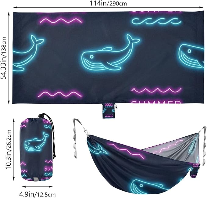 Summer Neon Whale Wave Black 330lb Capacity Outdoor Hammocks with Tree Straps Indoor Hammock for Indoor Outdoor Patio hamaca con soporte para adultos