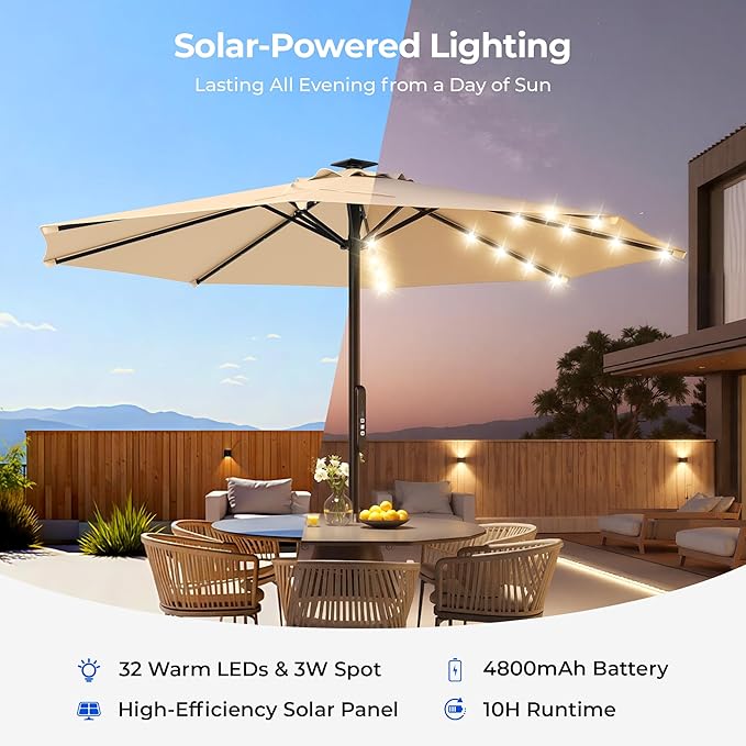 HOMSHADE 9FT Motorized Patio Umbrella with Remote Control & Solar Lights, Outdoor Table Umbrella with One-Button Switch for Deck, Backyard, Pool(Buff)