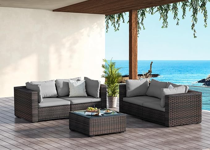 Patio Furniture Set 5 Piece All Weather PE Rattan Outdoor Sectional Sofa Couch with 4 x arm Sofa, No-Slip Cushions and Glass Top Table for Garden, Poolside, Backyard (Gray)