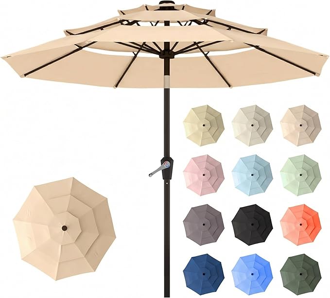 10ft Patio Umbrella, 3 Tier Outdoor Market Table Umbrellas with 8 Fiberglass Ribs and Push Button Tilt, Windproof, Vented Canopy, UV Protection for Deck, Pool, Backyard