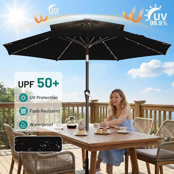 AreShark 9ft 2 Tiers Patio Umbrella with Solar Lights, Outdoor Umbrella w/ 32 LED Lights&8 Sturdy Ribs, Table Umbrella for Deck, Backyard, Pool(Black)