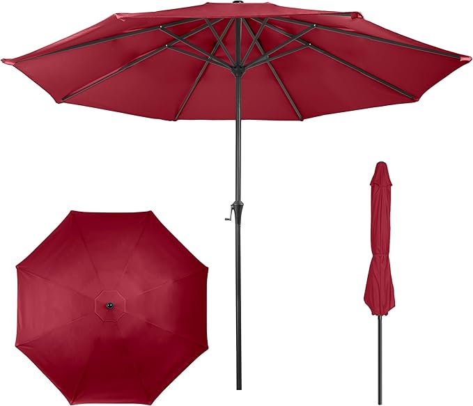 9FT Round Patio Umbrella - Easy Crank, Vented Canopy Outdoor Umbrella for Shade - For Deck, Balcony, Porch, Backyard, or Pool by Pure Garden (Maroon Red)