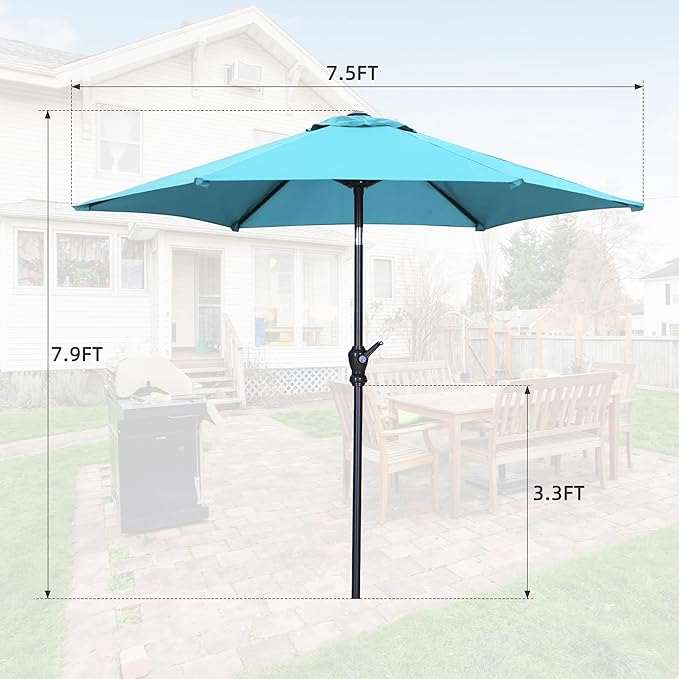 7.5FT Patio Umbrella, Outdoor Table Umbrella, Market Umbrella with Push Button Tilt and Crank for Garden, Lawn, Deck, Backyard & Pool