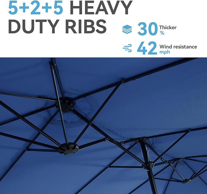GREEN PARTY 15 ft Rectangular Patio Umbrella with Base Included, Large Double-Sided Outdoor Table Umbrella with Crank, 1.9" Pole UPF 50+ UV Resistant for Pool Deck Backyard Garden, Haze Blue