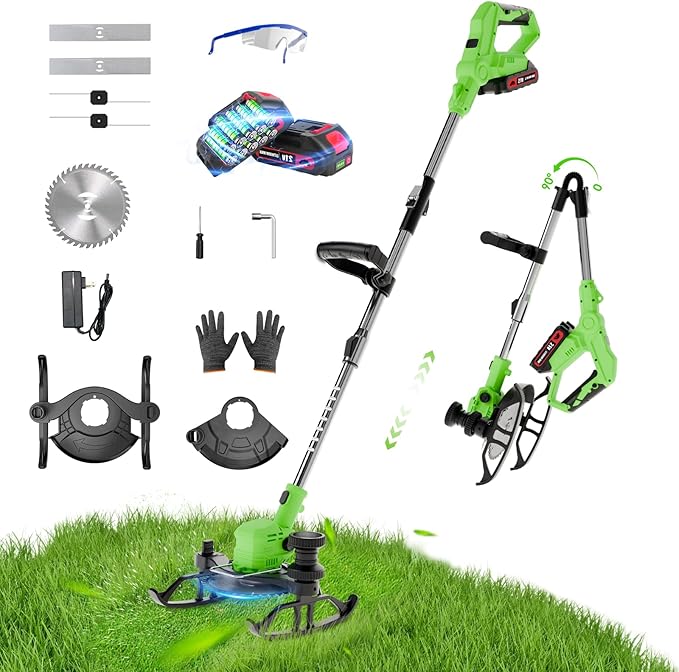 Cordless Weed Wacker, 21V Lightweight Electric Trimmer Battery Powered (Includes 2 x 21V Batteries & Charger) Grass Trimmer/Brush Cutter/Lawn Edger Featuring for Yard Garden Lawn Care