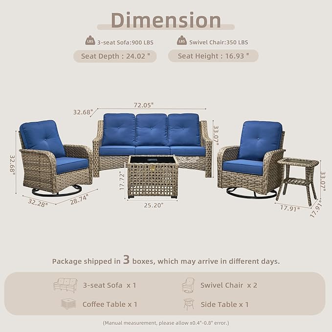 Outdoor Patio Furniture Set, 5-Piece PE Wicker Sofa with Shiny Table and Swivel Chairs, Outdoor Conversation Set for Patio, Garden, Backyard Blue
