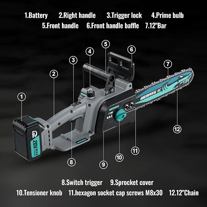 WEMARS 20V Brushles Cordless Chainsaw 12-Inch Lightweight Battery Powered Chainsaws Compact Pruning Electric Chainsaw 4.0AH Lithium-ion 2 Kit-Batteries for Wood Cutting,Garden Tree,Branch Pruning
