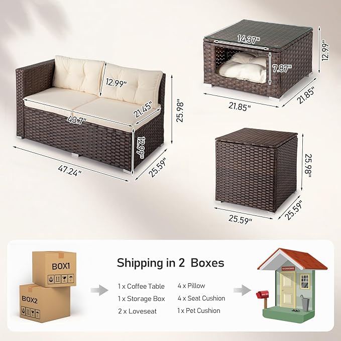 Outvita 4 Piece Outdoor Patio Furniture Set, PE Rattan Conversation Sofa Set, Wicker All-Weather Outside Furniture w/Glass Top Coffee Table with Pet Ped & Hidden Storage for Garden, Balcony (Brown)