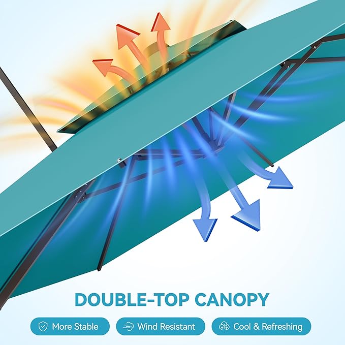 GENTEACO 9x12FT Cantilever Patio Umbrella, Double Top Rectangle Offset Umbrella 7 Angle Tilts & 360° Rotation, Large Heavy Duty Outdoor Sun Umbrella for Pool Market, Turquoise Blue