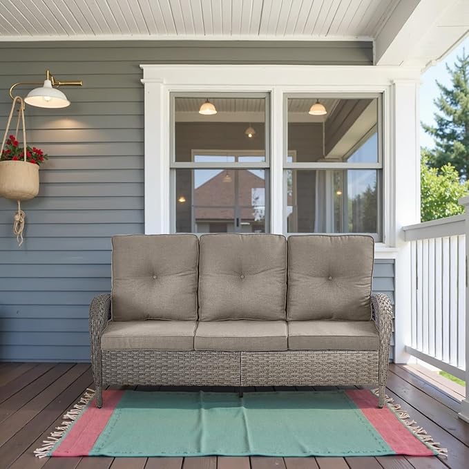 Belord Outdoor Patio Furniture - Wicker Sofa with Removable Cushion, 3 Seater Rattan Couch with Deep Seat, High Backrest, All-Weather for Balcony, Deck, Backyard, Gray