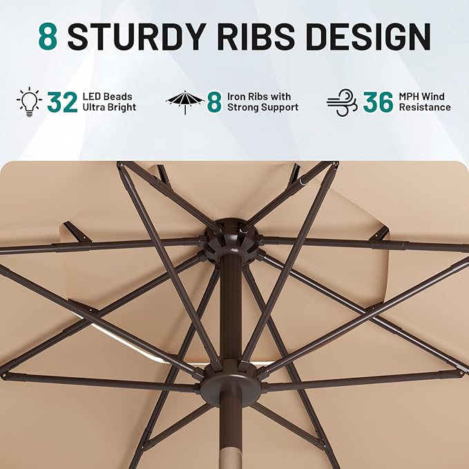 AreShark 9ft 3 Tiers Patio Umbrella with Solar Lights, Outdoor Umbrella w/ 32 LED Lights&8 Sturdy Ribs, Table Umbrella for Deck, Backyard, Pool (Beige)