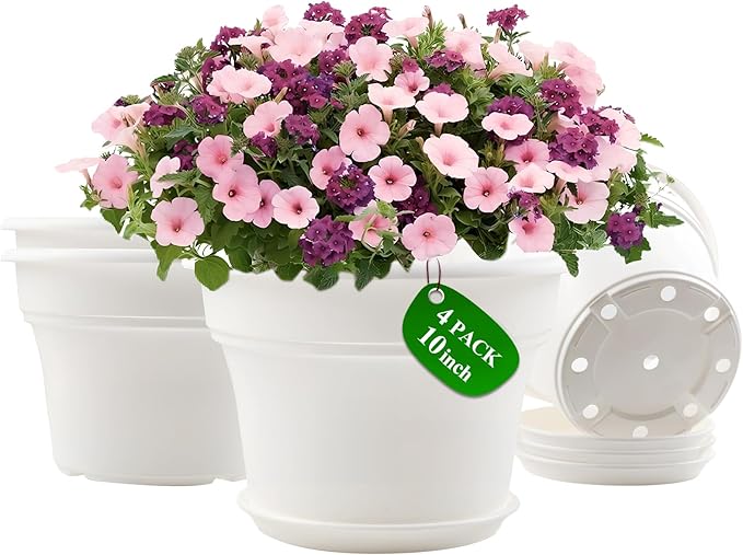 Pottiffe 10 Inch Plastic-Flower-Pot-for-Indoor-Plants, 4 Pack Large Outdoor Planter Pot with Drainage Holes & Saucers, Resin Decorative Garden Pots Planters