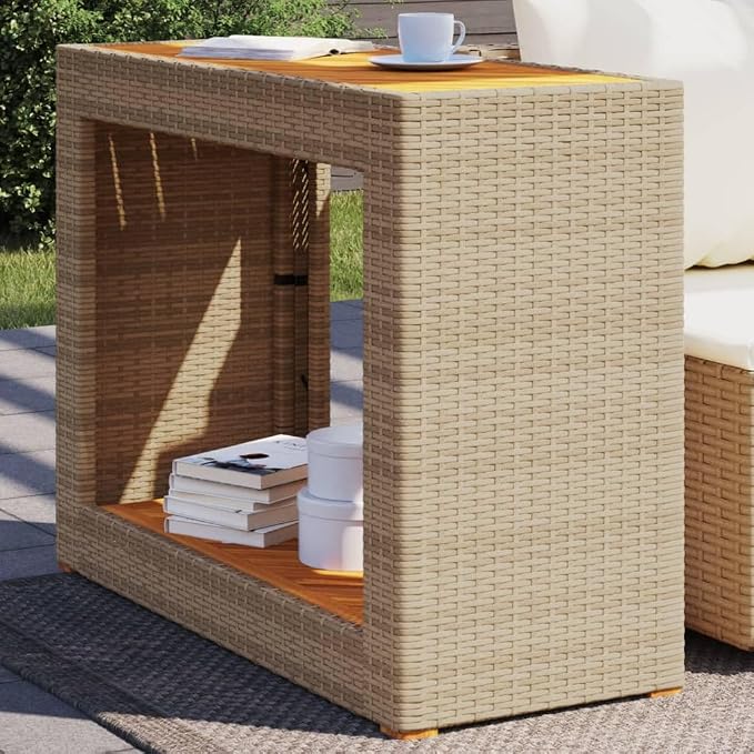 Outdoor Garden Side Table, Rectangular PE Rattan Patio Console Table with Oiled Wooden Top, Durable Beige and Brown Accent Table for Balcony, Porch, or Indoor Use, 39.4 x 15.7 x 29.5 Inches