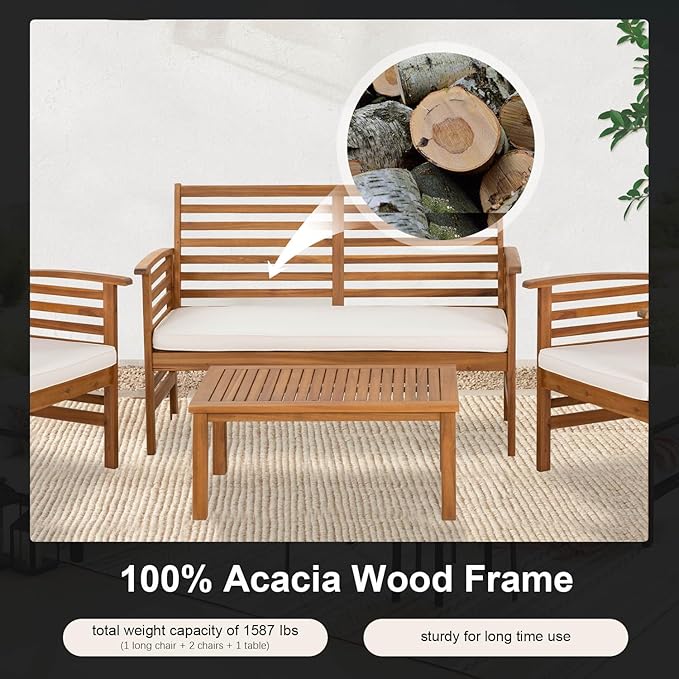 Outdoor Wood Sofa Set Patio Conversation Sets Acacia Patio Sofas Set with Thick and Soft Cushions Easy to Assemble Patio Furniture Set Natural Acacia Wood Compact and Sturdy Design Furniture Set