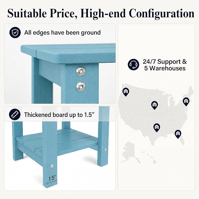 MXIMU Outdoor Side Table 2 Tier: Heavy-Duty Sturdy Warp Resistant Adirondack Table - Wood Grain Finish Outdoor End Tables - Easy Assembly & Low Maintenance Patio Side Table Blue