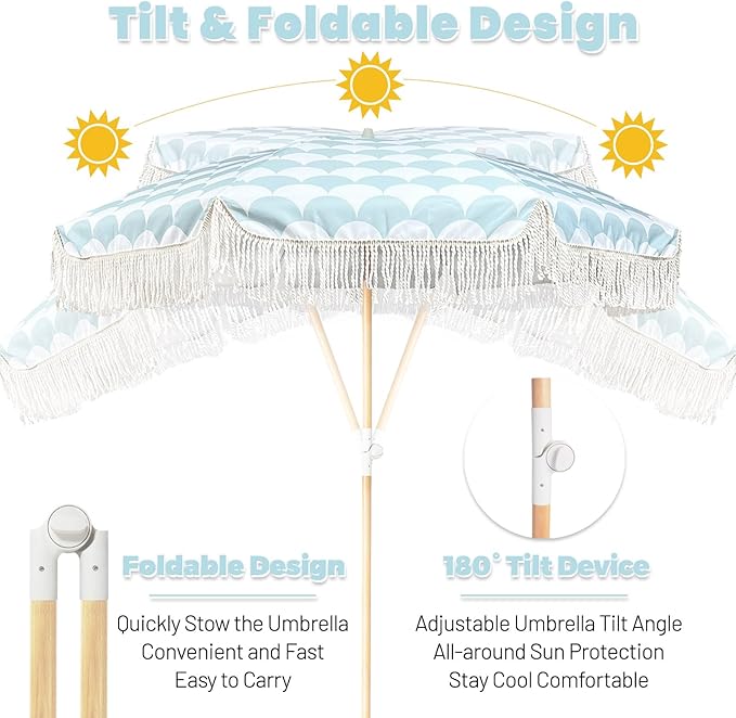 Lefedrasticity Boho Outdoor Umbrella with Tassels,6ft Table Umbrella Outdoor Patio with Knobs Tilt,Wind Resistant Portable Beach Umbrella UPF50+ Fringe Umbrellas For Pool Backyard Deck Garden