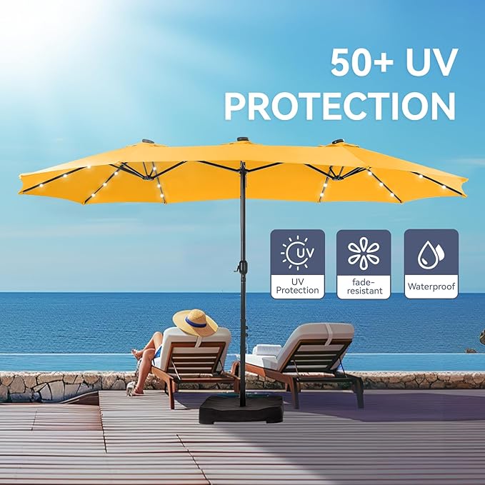 GREEN PARTY 15 ft Large Outdoor Patio Umbrella with Solar Led Lights & Base Included, Double-Sided Rectangular Table Umbrella with Stand, Market Umbrellas for Deck Poolside Garden Backyard, Gold Yellow
