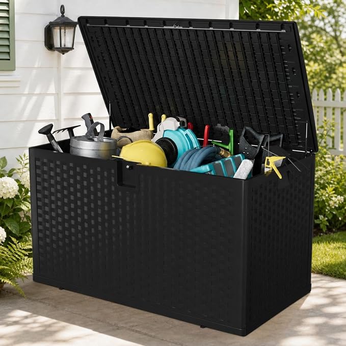 Patikuin 120 Gallon Outdoor Deck Storage Box with Hydraulic Gas Struts, Waterproof Resin Patio Container with Lockable Lid, Soft-Close, Handles & 600 Lbs Capacity Bench, Black