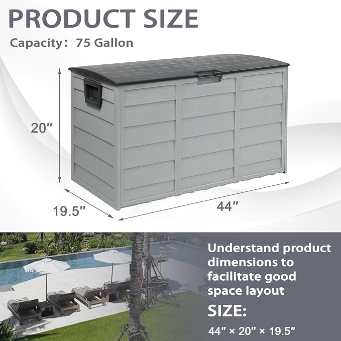 Crownland Modern Rectangular Deck Box, 75 Gallon Sun-proof Woodgrain Patio Storage Box for Garden, Balcony, Grey