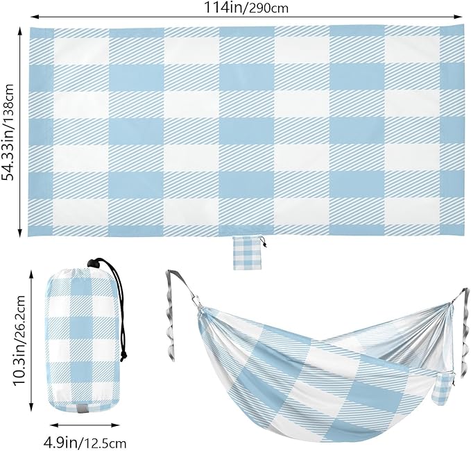 Qilmy Baby Blue Plaid Pattern Camping Hammock Single – 330 lbs Capacity, Lightweight with Tree Straps & Carabiners, Portable for Hiking, Travel, Backpacking
